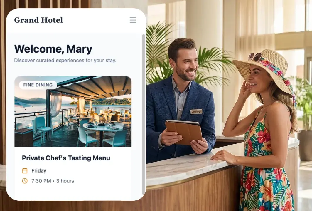 Stayve platform showing a curated hotel guest experience with a concierge helping a guest